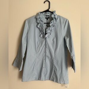 Blue And White Strip Ruffle Blouse With A Button Down Front And Ruffle Collar